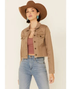 Shyanne Women's Tan Fray Hem Button-Front Crop Denim Jacket 