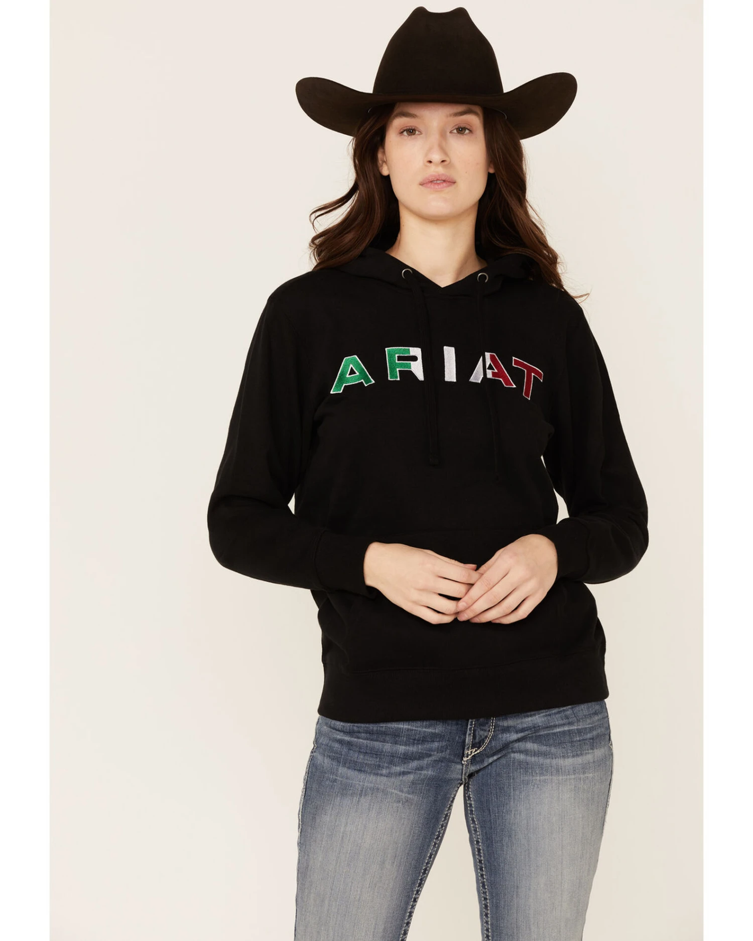 Ariat Women's Black R.E.A.L Mexico Embroidered Logo Pullover Hoodie 1 Ariat Women's Black R.E.A.L Mexico Embroidered Logo Pullover Hoodie