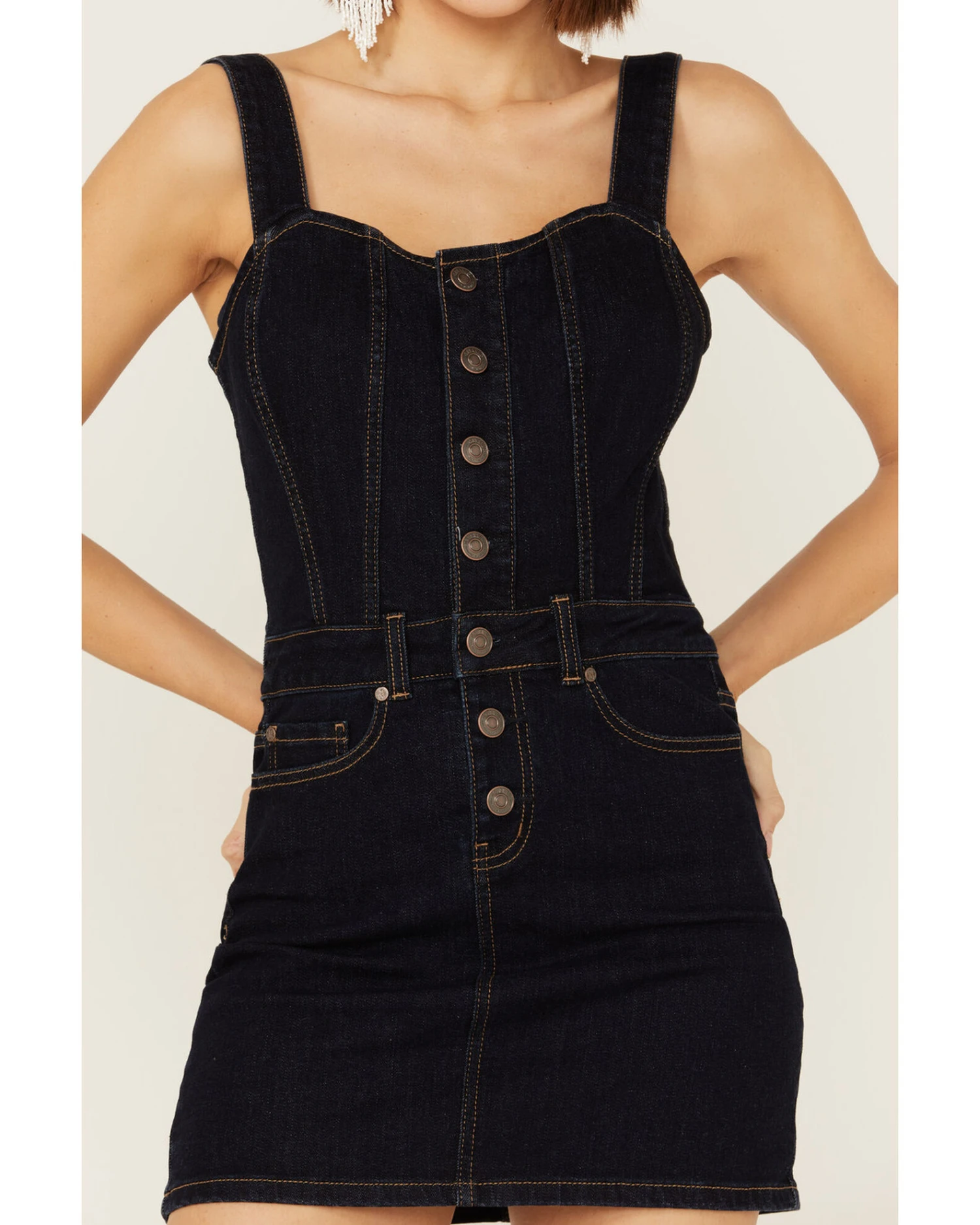 Shyanne Women's Dark Wash Denim Button Mini Dress 3 Shyanne Women's Dark Wash Denim Button Mini Dress - Image 3