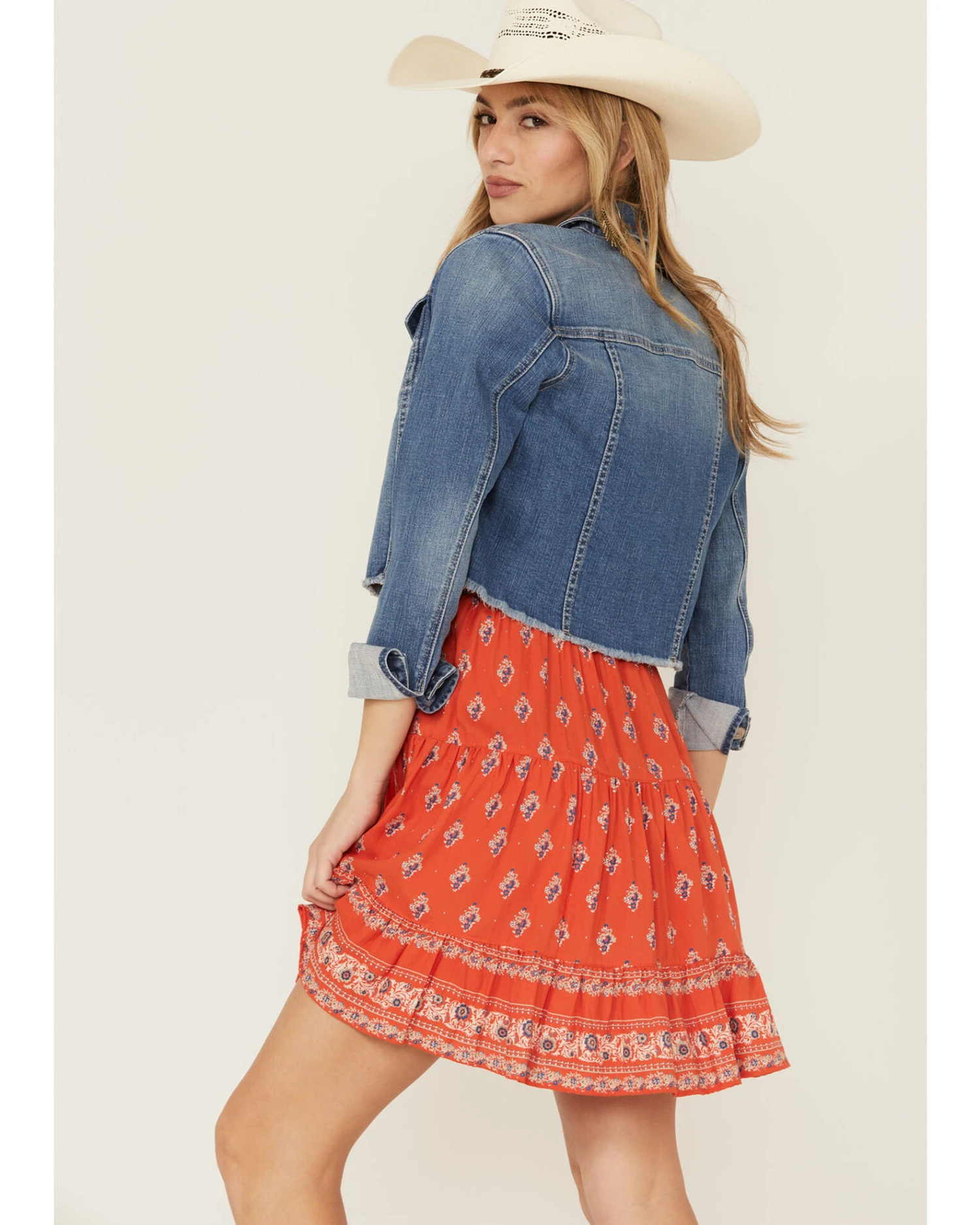 Shyanne Women's Light Denim Cropped Fray Jacket 3 Shyanne Women's Light Denim Cropped Fray Jacket - Image 3