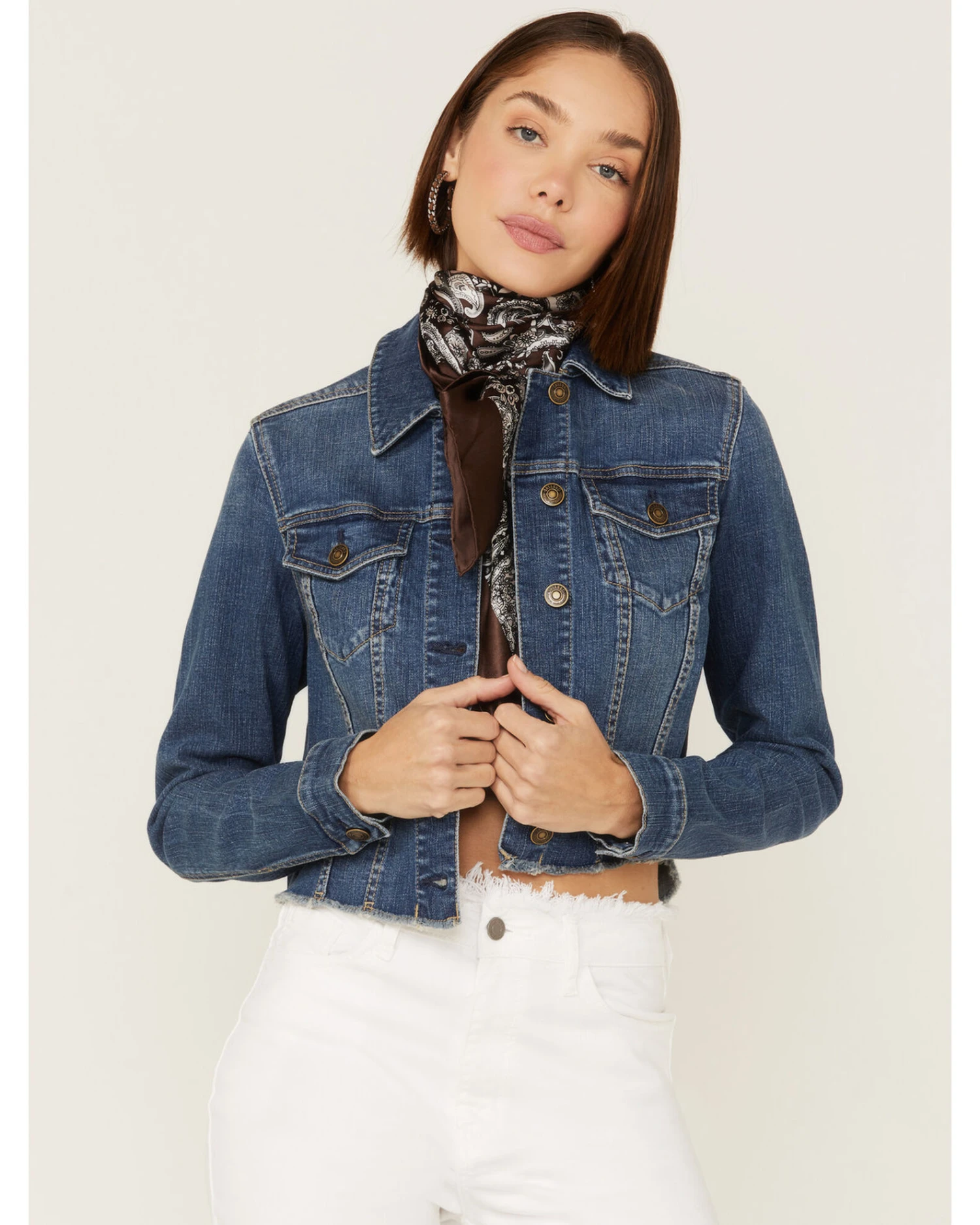 Shyanne Women's Medium Dark Wash Cropped Fray Denim Jacket 2 Shyanne Women's Medium Dark Wash Cropped Fray Denim Jacket - Image 2