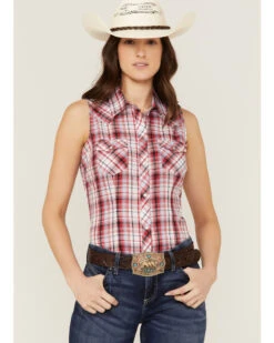 Roper Women's Classic Plaid Print Sleeveless Western Pearl Snap Shirt