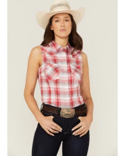 Wrangler Women's Americana Plaid Print Sleeveless Western Snap Shirt