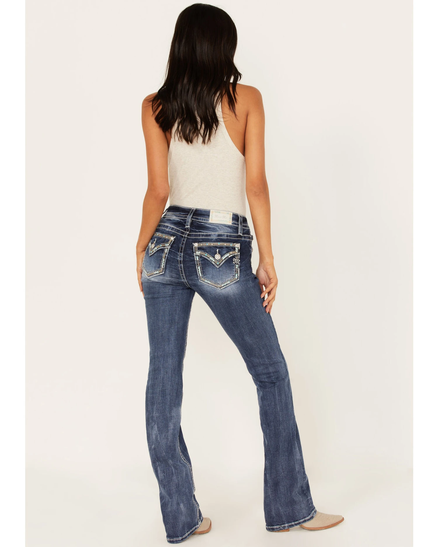 Miss Me Women's Medium Wash Embroidered Turquoise Stone Bootcut Jeans - Long 1 Miss Me Women's Medium Wash Embroidered Turquoise Stone Bootcut Jeans - Long