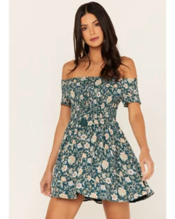 Shyanne Women's Floral Print Smocked Off Shoulder Dress 