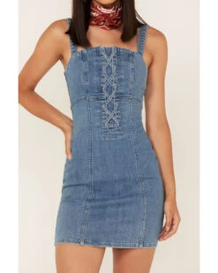 Shyanne Women's Light Wash Lace-Up Denim Mini Dress -Deals Grace Apparel Store 2000364775 412 P3