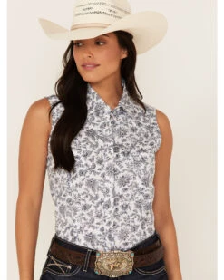 Rough Stock By Panhandle Women's Floral Paisley Print Sleeveless Snap Western Core Shirt