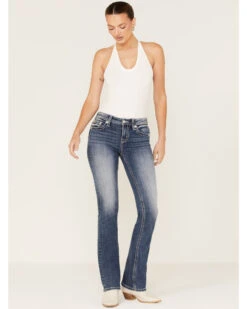 Miss Me Women's Medium Wash Mid Rise Americana Wing Cross Rhinestone Bootcut Jeans -Deals Grace Apparel Store 2000369012 414 P3