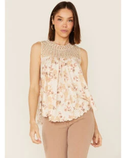 Wild Moss Women's Crochet Studded Yoke Flowy Tank Top