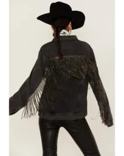 The Andy Jacket By DanielXDiamond: Women's Gray Denim Jacket With Gunmetal Fringe 
