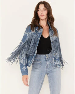 Rock & Roll Denim Women's Southwestern Print Fringe Denim Jacket