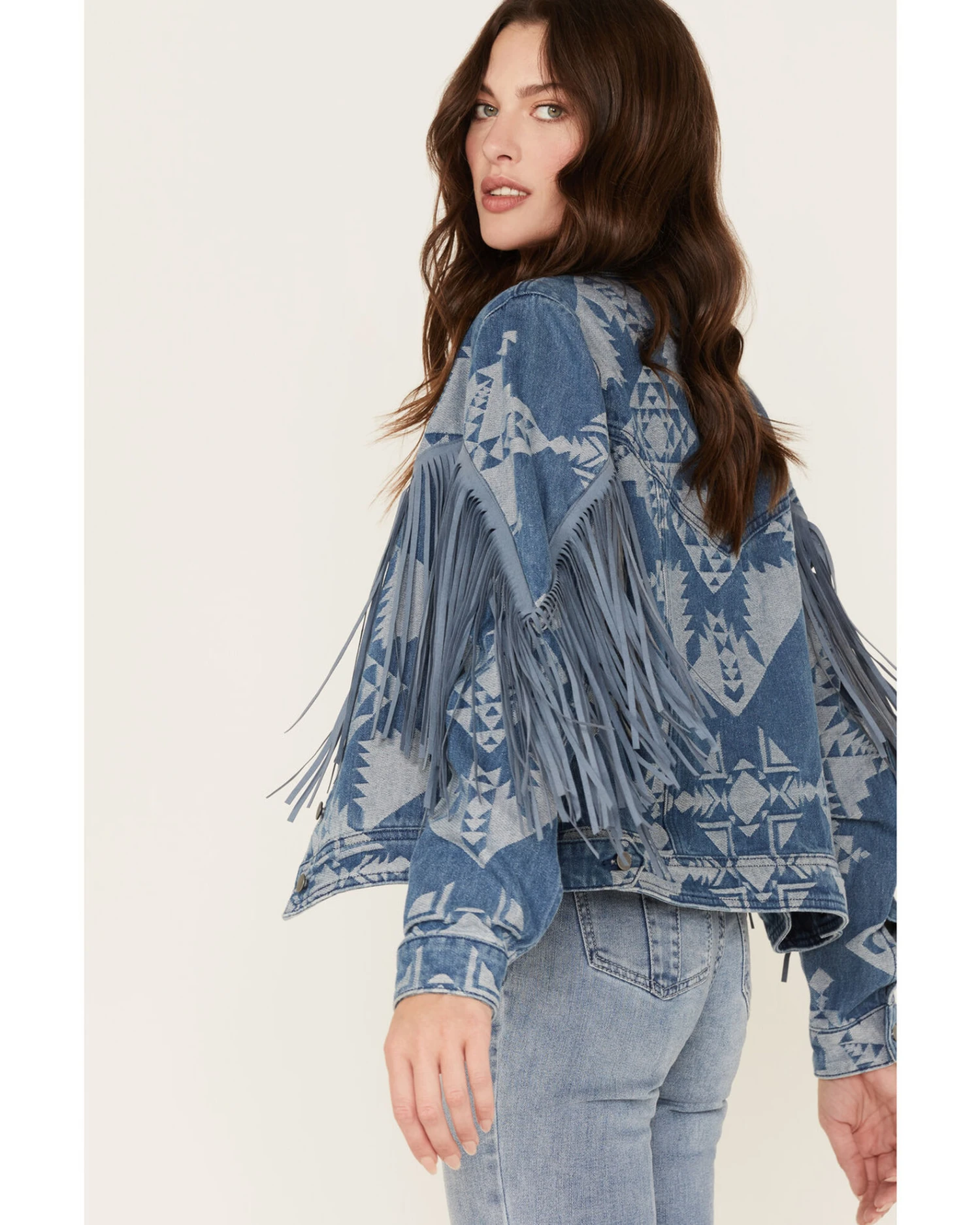 Rock & Roll Denim Women's Southwestern Print Fringe Denim Jacket 2 Rock & Roll Denim Women's Southwestern Print Fringe Denim Jacket - Image 2