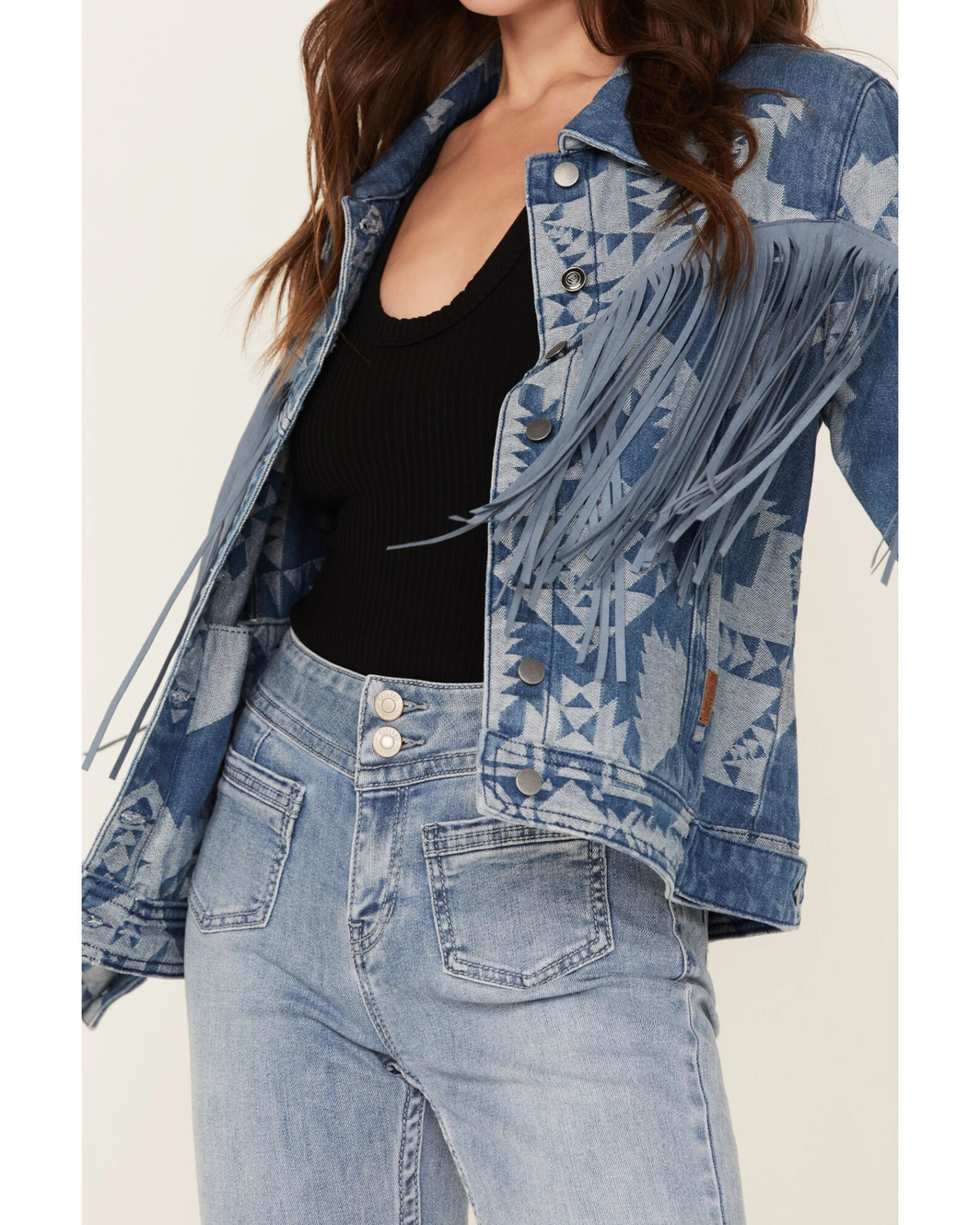 Rock & Roll Denim Women's Southwestern Print Fringe Denim Jacket 3 Rock & Roll Denim Women's Southwestern Print Fringe Denim Jacket - Image 3