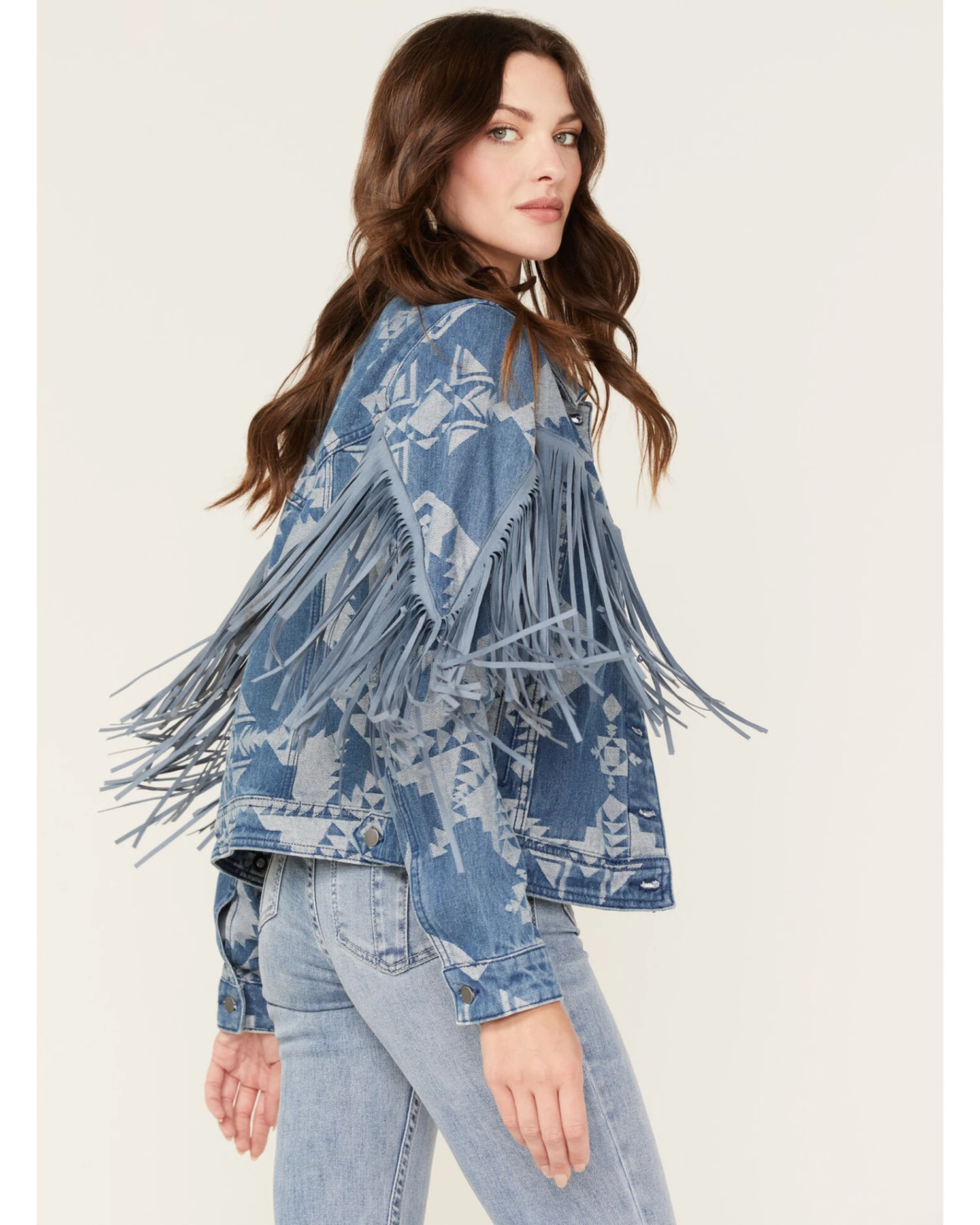 Rock & Roll Denim Women's Southwestern Print Fringe Denim Jacket 4 Rock & Roll Denim Women's Southwestern Print Fringe Denim Jacket - Image 4