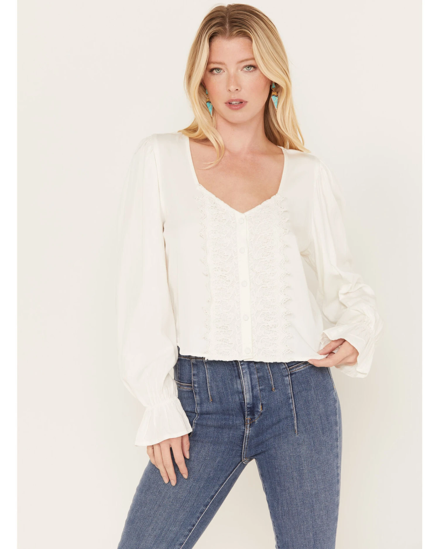 Wrangler Retro Women's Button Front With Crochet Detail Blouse 1 Wrangler Retro Women's Button Front With Crochet Detail Blouse