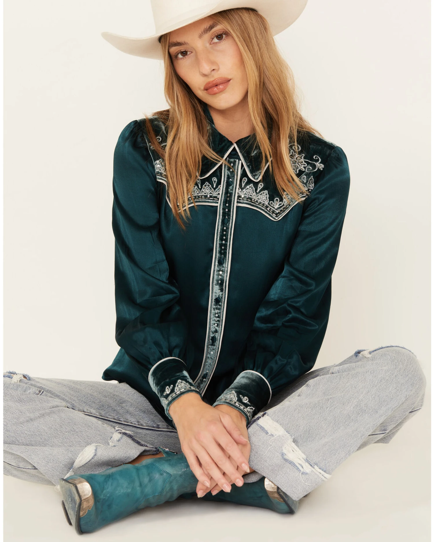 Shyanne Women's Embellished Velvet Long Sleeve Button-Down Western Shirt 1 Shyanne Women's Embellished Velvet Long Sleeve Button-Down Western Shirt