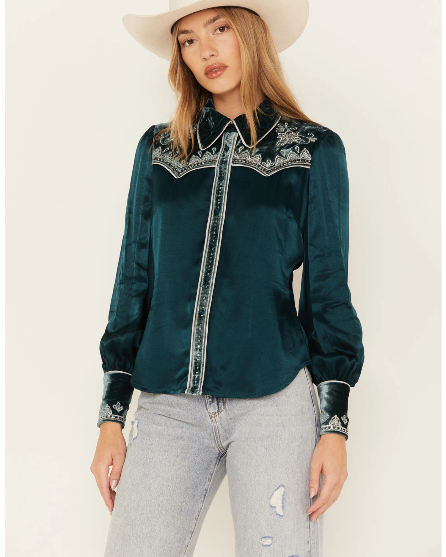 Shyanne Women's Embellished Velvet Long Sleeve Button-Down Western Shirt 2 Shyanne Women's Embellished Velvet Long Sleeve Button-Down Western Shirt - Image 2