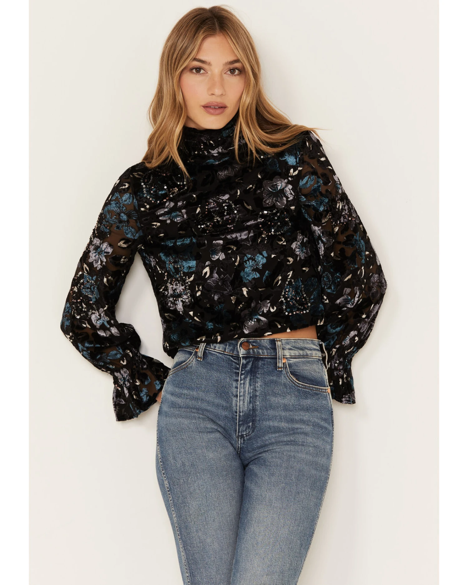 Shyanne Women's Burnout Floral Velvet Blouse 1 Shyanne Women's Burnout Floral Velvet Blouse