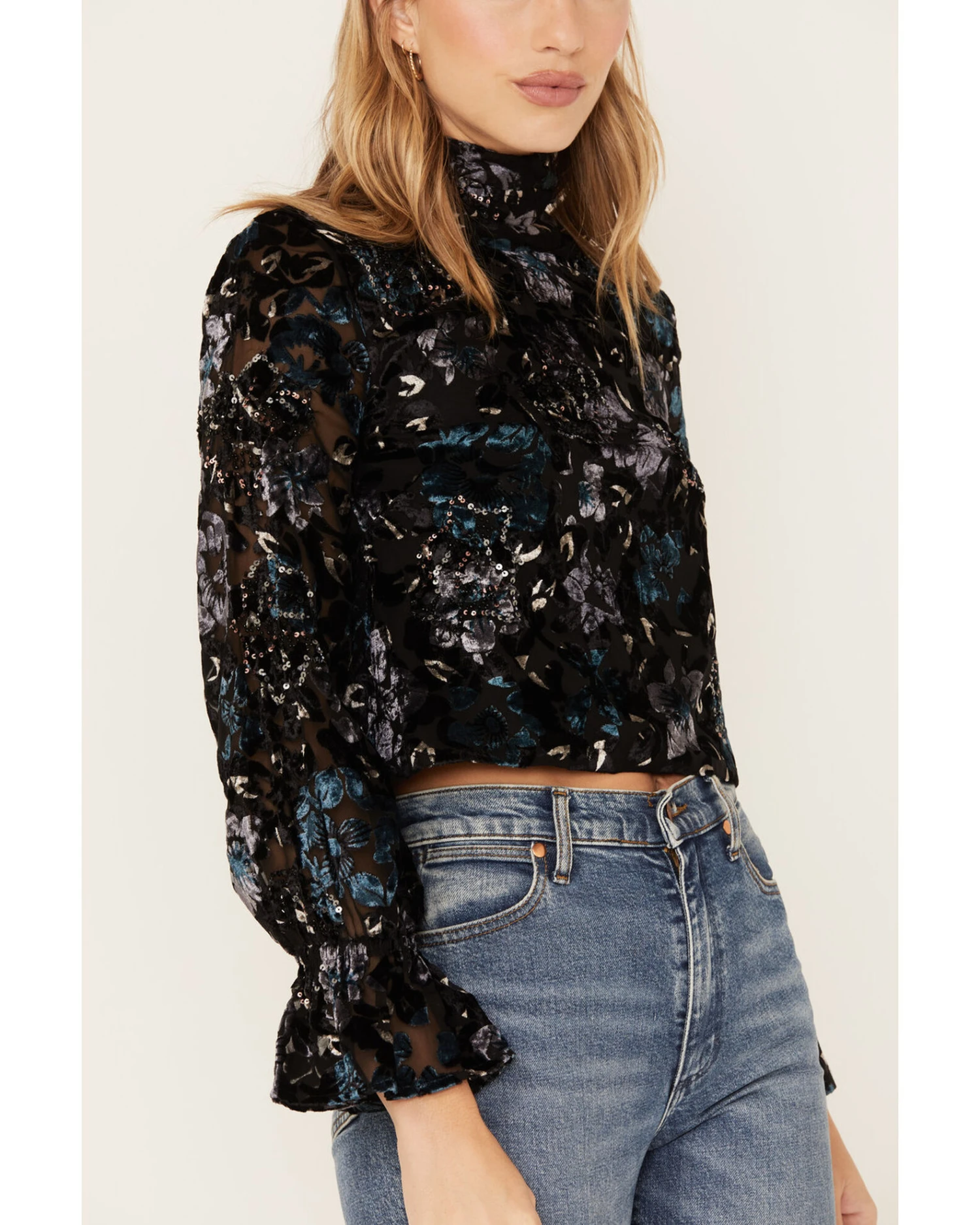 Shyanne Women's Burnout Floral Velvet Blouse 2 Shyanne Women's Burnout Floral Velvet Blouse - Image 2