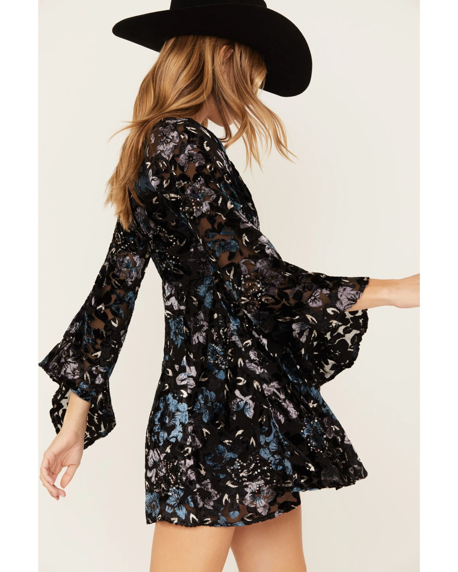 Shyanne Women's Flare Sleeve Burn Out Velvet Dress 1 Shyanne Women's Flare Sleeve Burn Out Velvet Dress