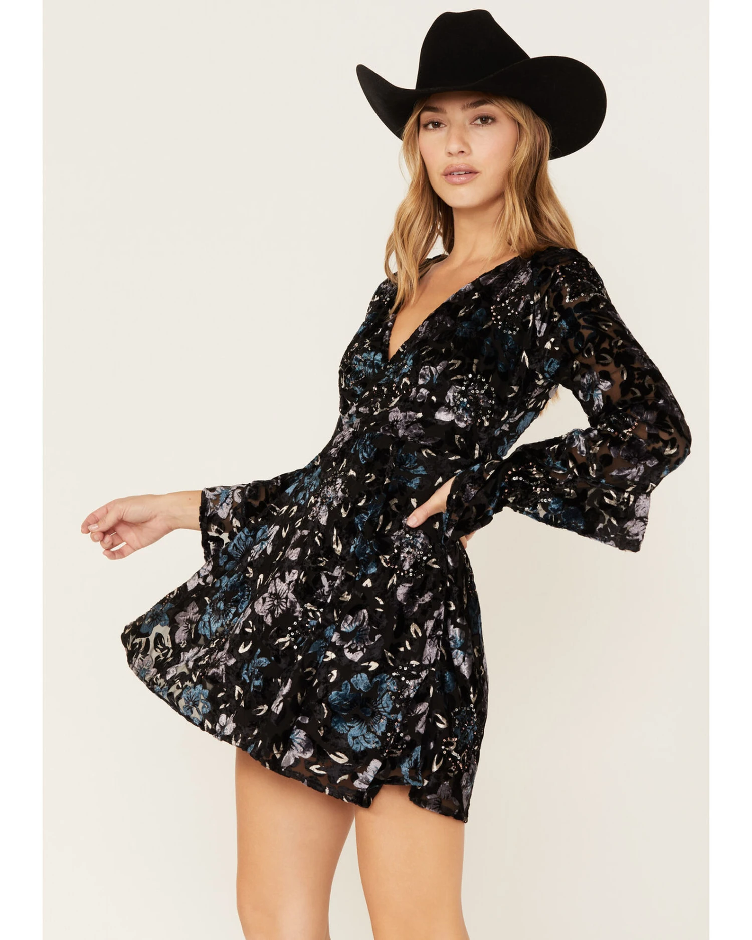 Shyanne Women's Flare Sleeve Burn Out Velvet Dress 2 Shyanne Women's Flare Sleeve Burn Out Velvet Dress - Image 2