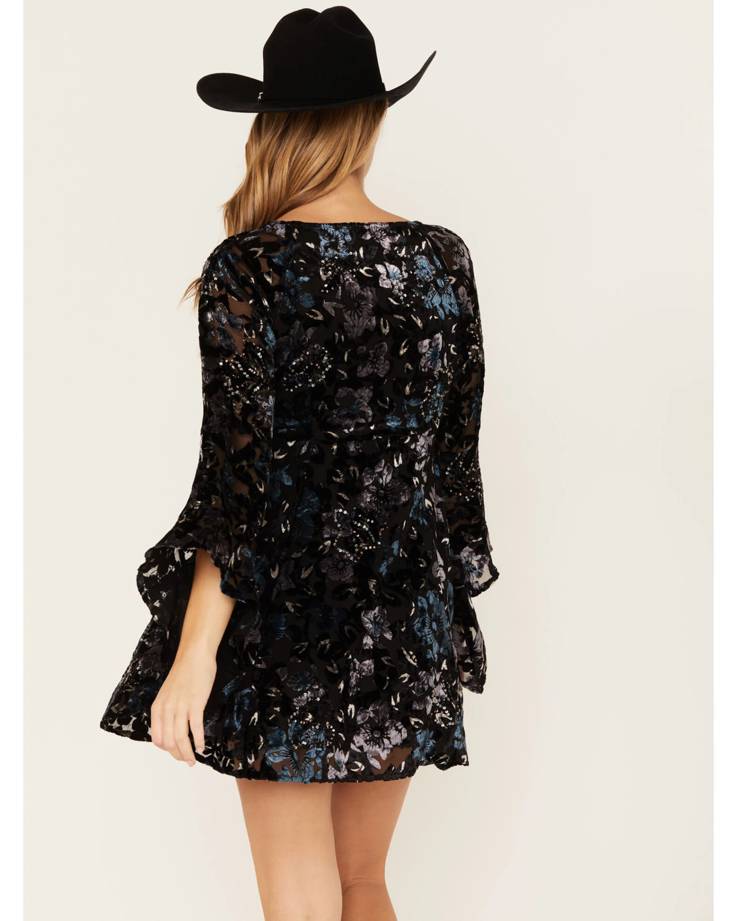 Shyanne Women's Flare Sleeve Burn Out Velvet Dress 4 Shyanne Women's Flare Sleeve Burn Out Velvet Dress - Image 4