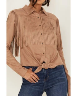 Idyllwind Women's Fate Tie-Front Faux Suede Fringe Shirt -Deals Grace Apparel Store 2000380691 280 P3