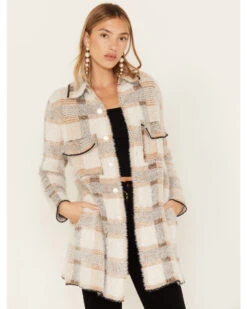 Rock & Roll Denim Women's Plaid Print Eyelash Knit Coat