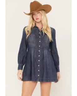 Shyanne Women's Medium Wash Long Sleeve Denim Shirt Dress