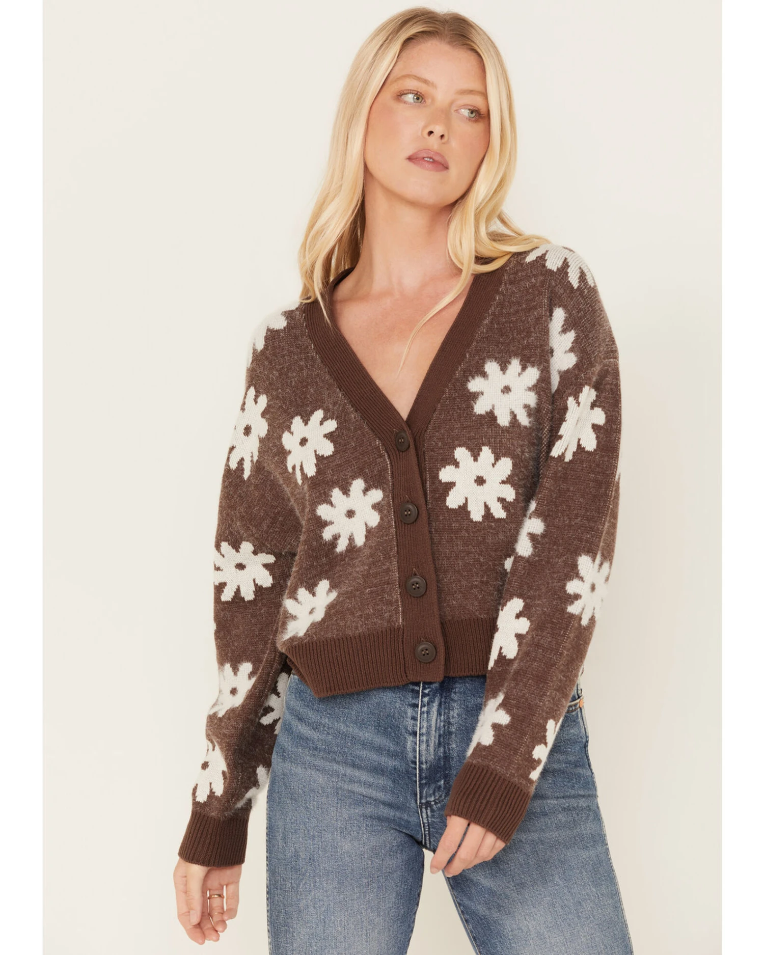 Beyond The Radar Women's Daisy Flower Print Knit Cardigan 1 Beyond The Radar Women's Daisy Flower Print Knit Cardigan