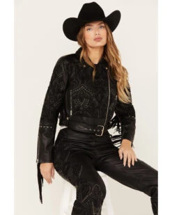 Wonderwest Women's Studded Leather Moto Jacket