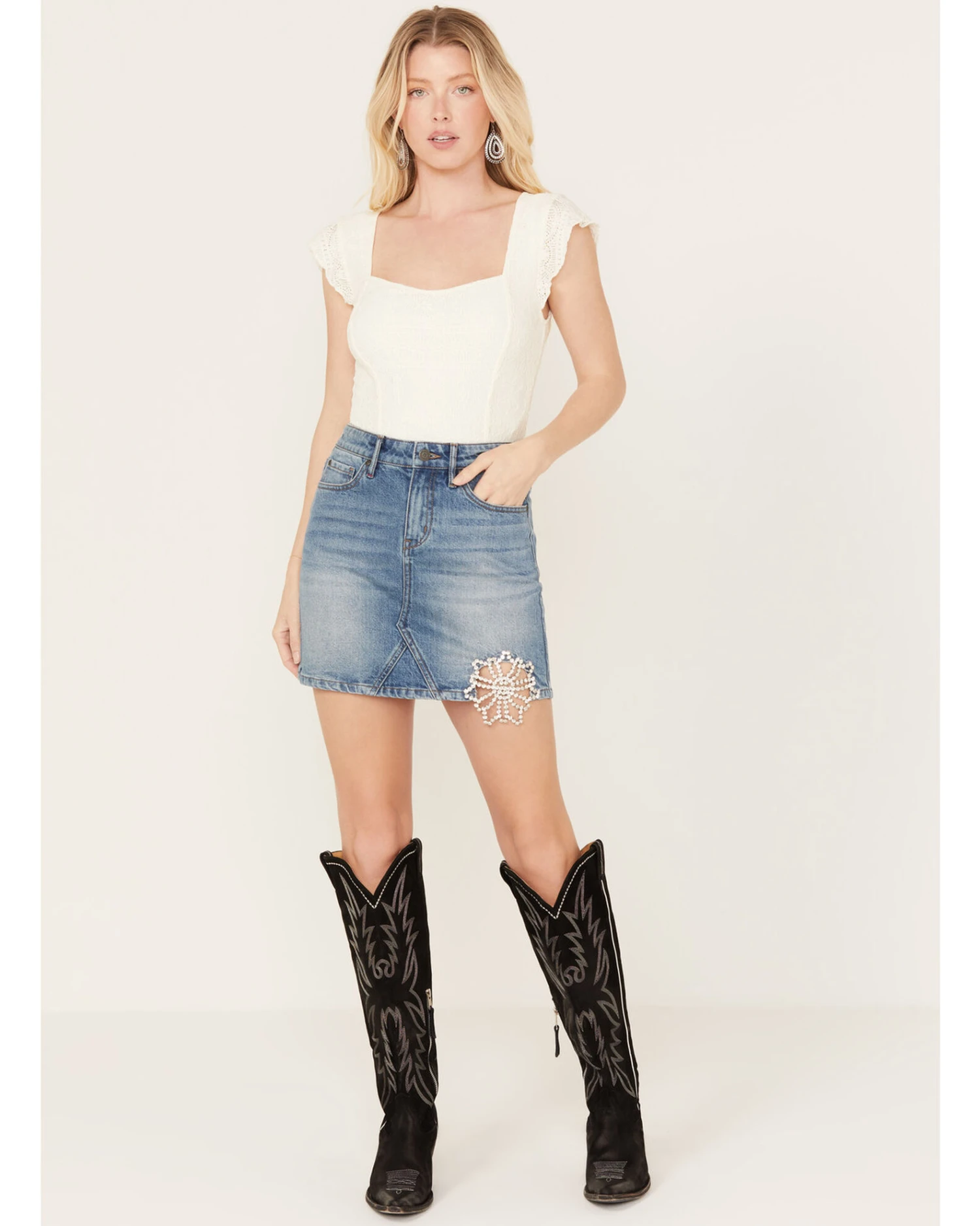 Idyllwind Women's Baryywood High Rise Denim Rhinestone Skirt 1 Idyllwind Women's Baryywood High Rise Denim Rhinestone Skirt