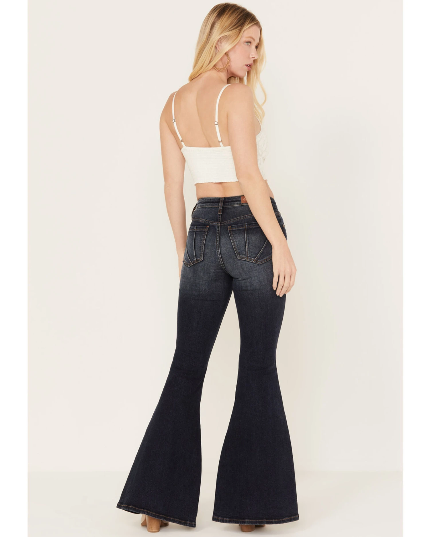 Shyanne Women's Dark Wash Mid Rise Slit Boot Cut Jeans 3 Shyanne Women's Dark Wash Mid Rise Slit Boot Cut Jeans - Image 3