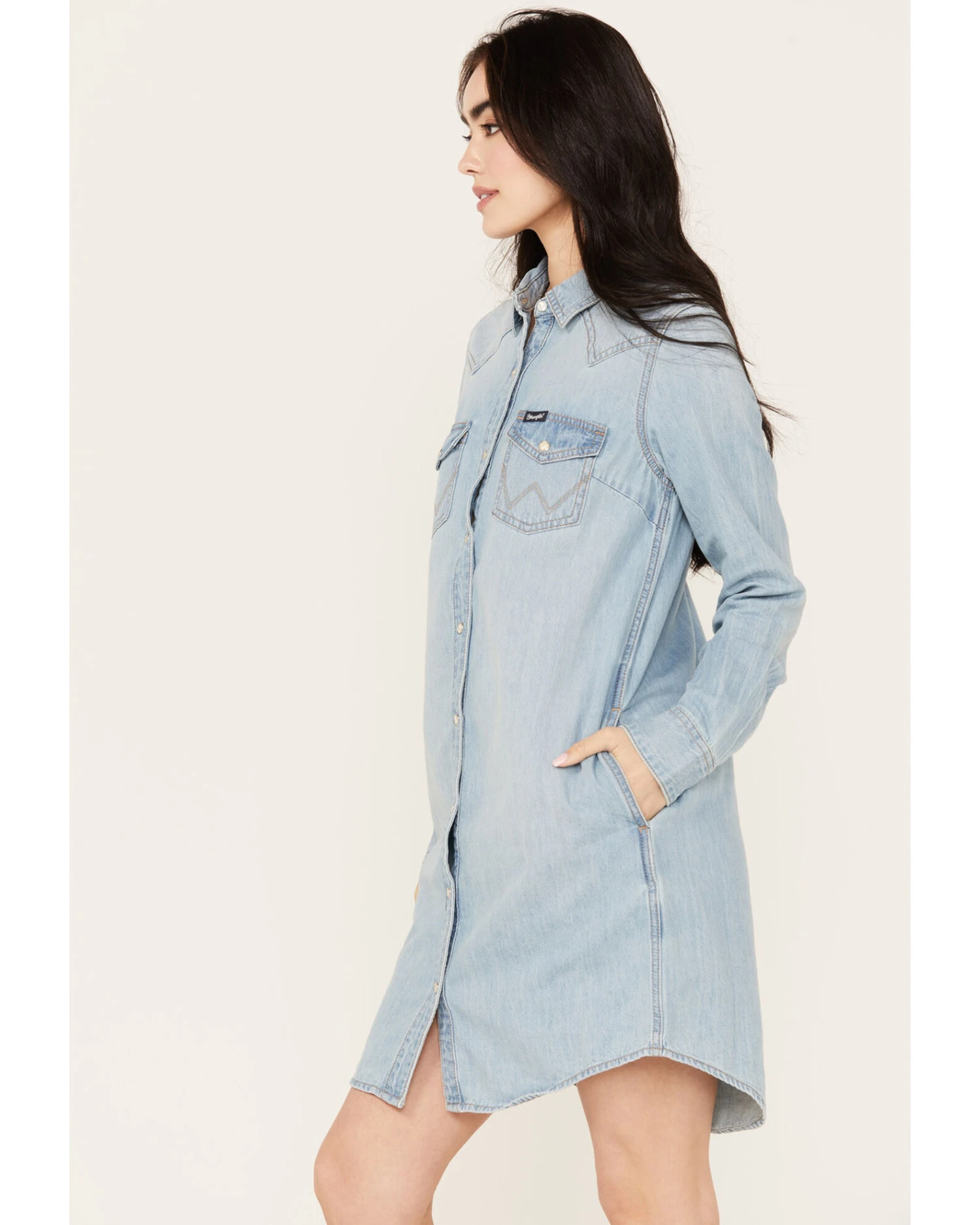 Wrangler Retro Women's Light Wash Denim Shirt Dress 3 Wrangler Retro Women's Light Wash Denim Shirt Dress - Image 3