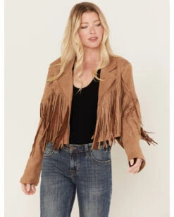 Saints & Hearts Women's Faux Suede Cropped Fringe Jacket