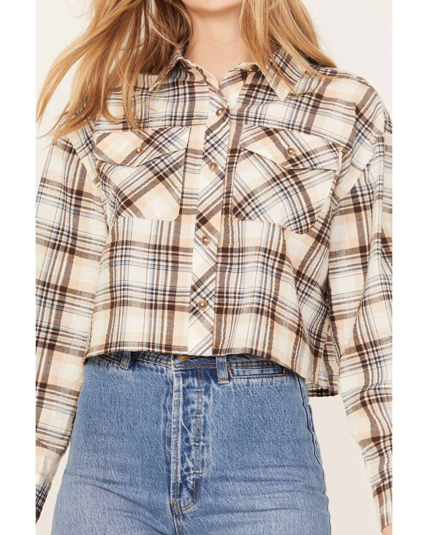 Cleo + Wolf Women's Plaid Print Cropped Shirt 3 Cleo + Wolf Women's Plaid Print Cropped Shirt - Image 3