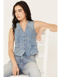 Driftwood Women's Nola Sky Light Wash Floral Print Denim Vest