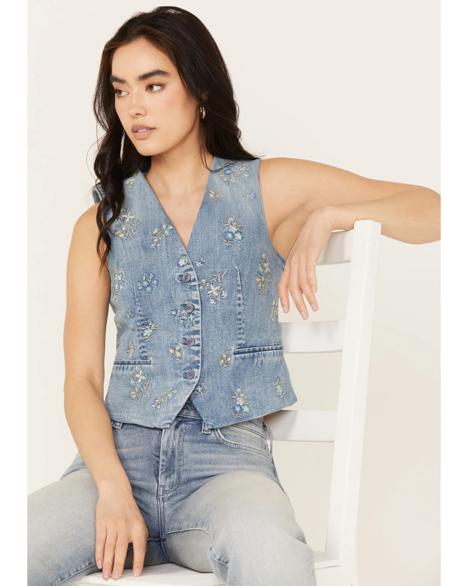 Driftwood Women's Nola Sky Light Wash Floral Print Denim Vest 1 Driftwood Women's Nola Sky Light Wash Floral Print Denim Vest