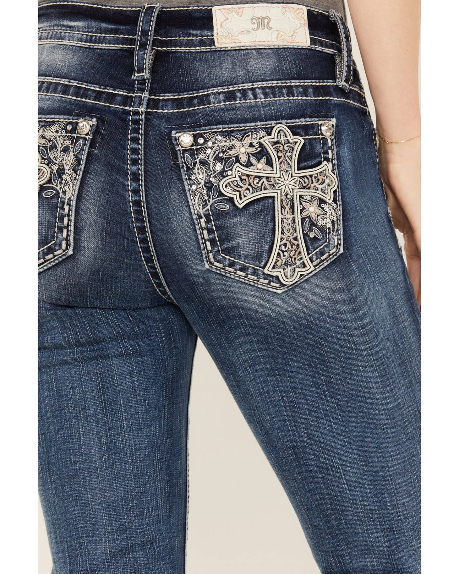 Miss Me Women's Dark Wash Mid Rise Non-Flap Pastel Cross Bootcut Jeans 2 Miss Me Women's Dark Wash Mid Rise Non-Flap Pastel Cross Bootcut Jeans - Image 2