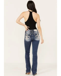 Miss Me Women's Dark Wash Mid Rise Fleur De Lis Bootcut Denim Jeans