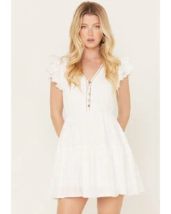 Yura Women's Button Down Ruffle Short Sleeve Mini Dress