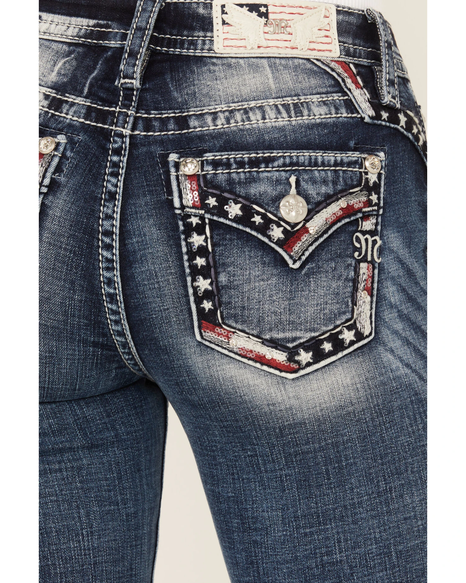 Miss Me Women's Dark Wash Mid Rise Americana Border Stretch Bootcut Jeans 2 Miss Me Women's Dark Wash Mid Rise Americana Border Stretch Bootcut Jeans - Image 2