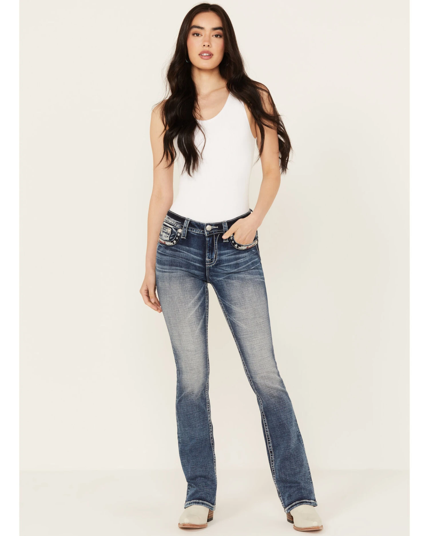 Miss Me Women's Dark Wash Mid Rise Americana Border Stretch Bootcut Jeans 3 Miss Me Women's Dark Wash Mid Rise Americana Border Stretch Bootcut Jeans - Image 3