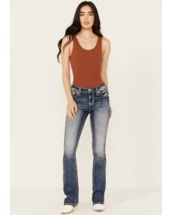 Miss Me Women's Dark Wash Mid Rise Double Horseshoe Stretch Bootcut Jeans -Deals Grace Apparel Store 2000388615 401 P3