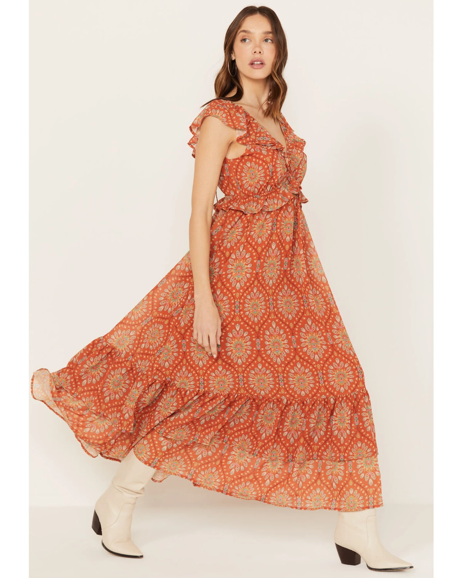 Flying Tomato Women's Ruffle Trim Printed Maxi Dress 1 Flying Tomato Women's Ruffle Trim Printed Maxi Dress